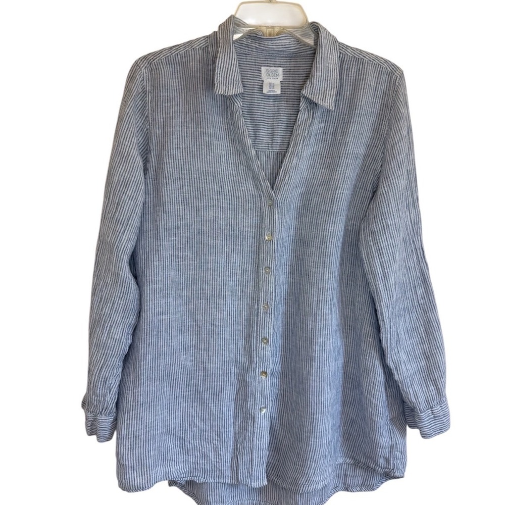 Sigrid Olsen 100% Linen Striped Button Down Tunic Top Blue White 1X